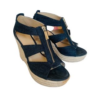 Michael Kors Wedges Heels Blue Jeans Denim Gold Zipper Size 6.5